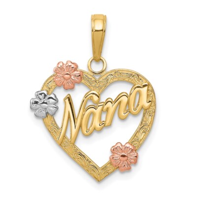 Echte 14kt dreifarbige NANA im Herz mit Blumen Anhänger
