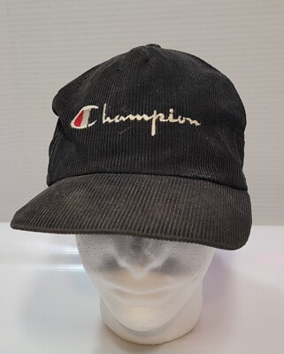 VINTAGE Corduroy Champion Hat Cap Snapback Black White Logo