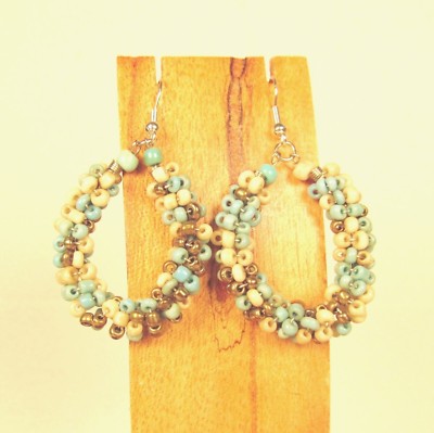 1 1/2'' Aqua Gold Multi Color Bohemian Handmade Seed Bead Hoop Earring