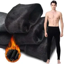 Mens Fur Lined Elastic Black Warm Thermal Long Johns Legging Underwear Pants