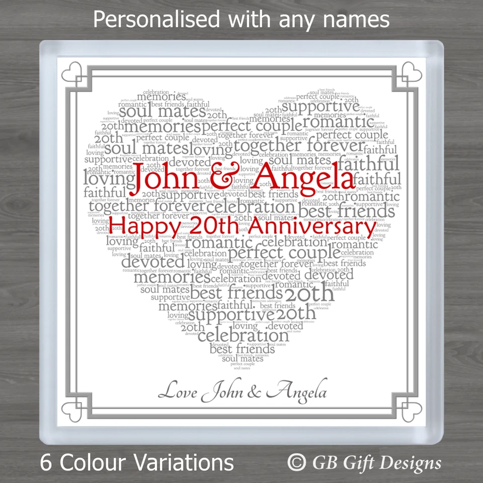 GB GIFT DESIGNS Personalised 20th ( China ) Wedding Anniversary Word Art Coaster Gift