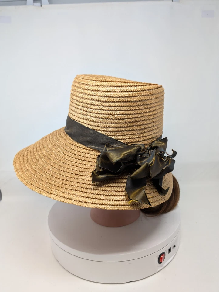 ¡EXCEPCIONAL! Sombrero de paja victoriano tardío cinta de tafetán ANTIGUO PARA MUJER Foto 2 de 4
