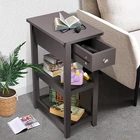 3-Tier Side End Table with Drawer Double Shelf Narrow Nightstand for Living Room