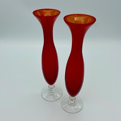 Rubinrote mundgeblasene Kunstglas Rosenknospe Stiel Vase Höhe 8'' - Paar
