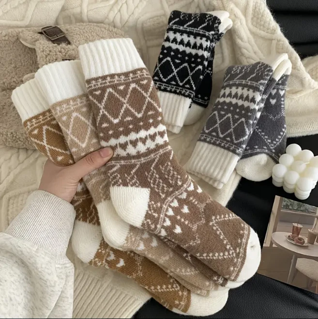5 Pairs Women Winter Warm Knit Socks Thick Soft Cotton Cozy One Size Colors Mix - Image 2 of 4