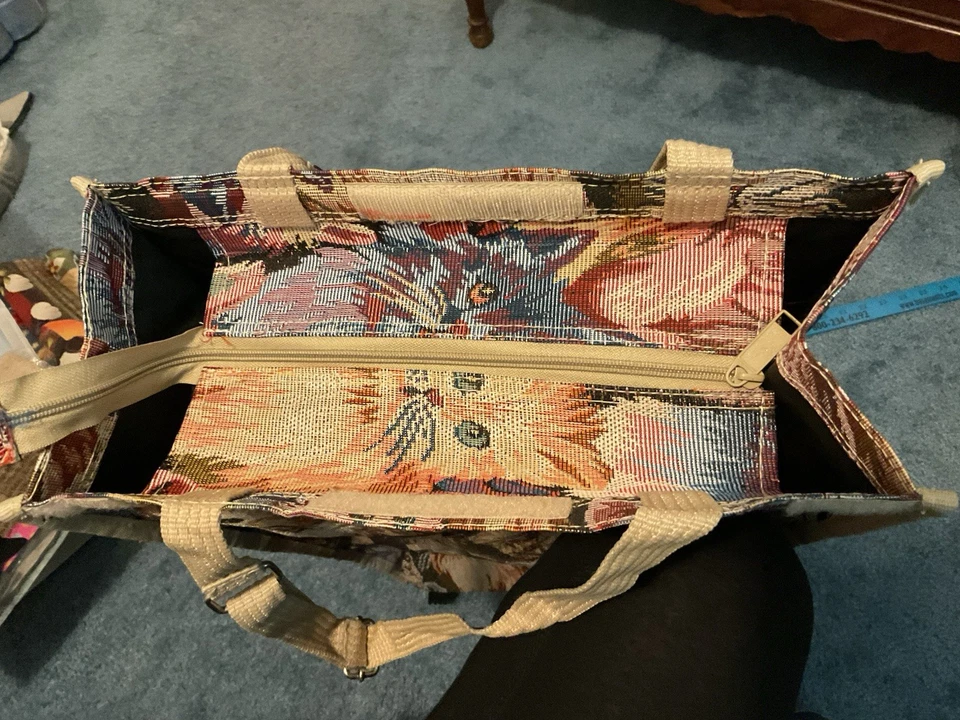 ВИНТАЖНЫЙ кот гобелен прокатки покупатель высокий складной сумка с короткими ручками, коричневые оттенки - Изображение 4 из 4