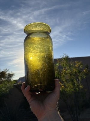 Late 1700s Early  1800s Medium Green / Yellow Hand Blown Storage/ Fruit Jar