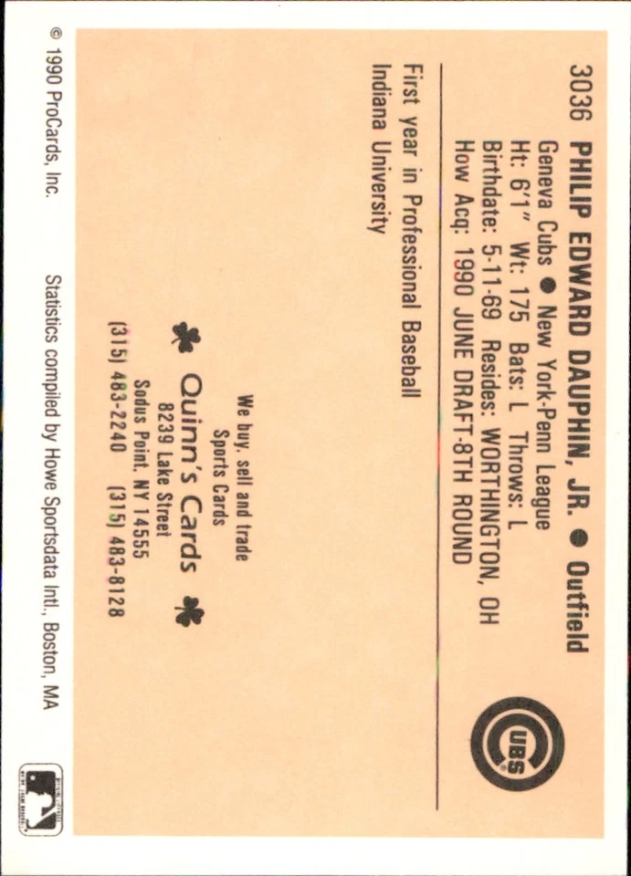 Phil Dauphin 1990 ProCards #3036 RC Geneva Cubs *AutographDen* - Image 2 of 2