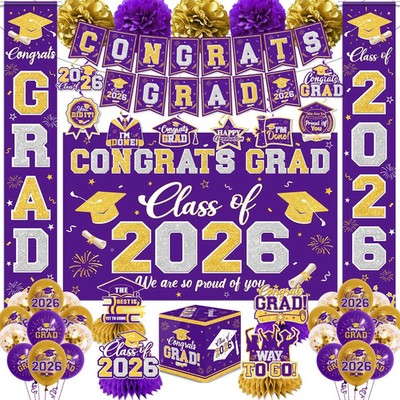 Graduation Decorations Class of 2026 Purple and Gold Graduation Decorations with