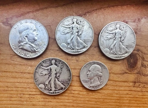 US Silver 5 Coin Lot⭐️Includes Walking Liberty & Unc Franklin Half Dollars