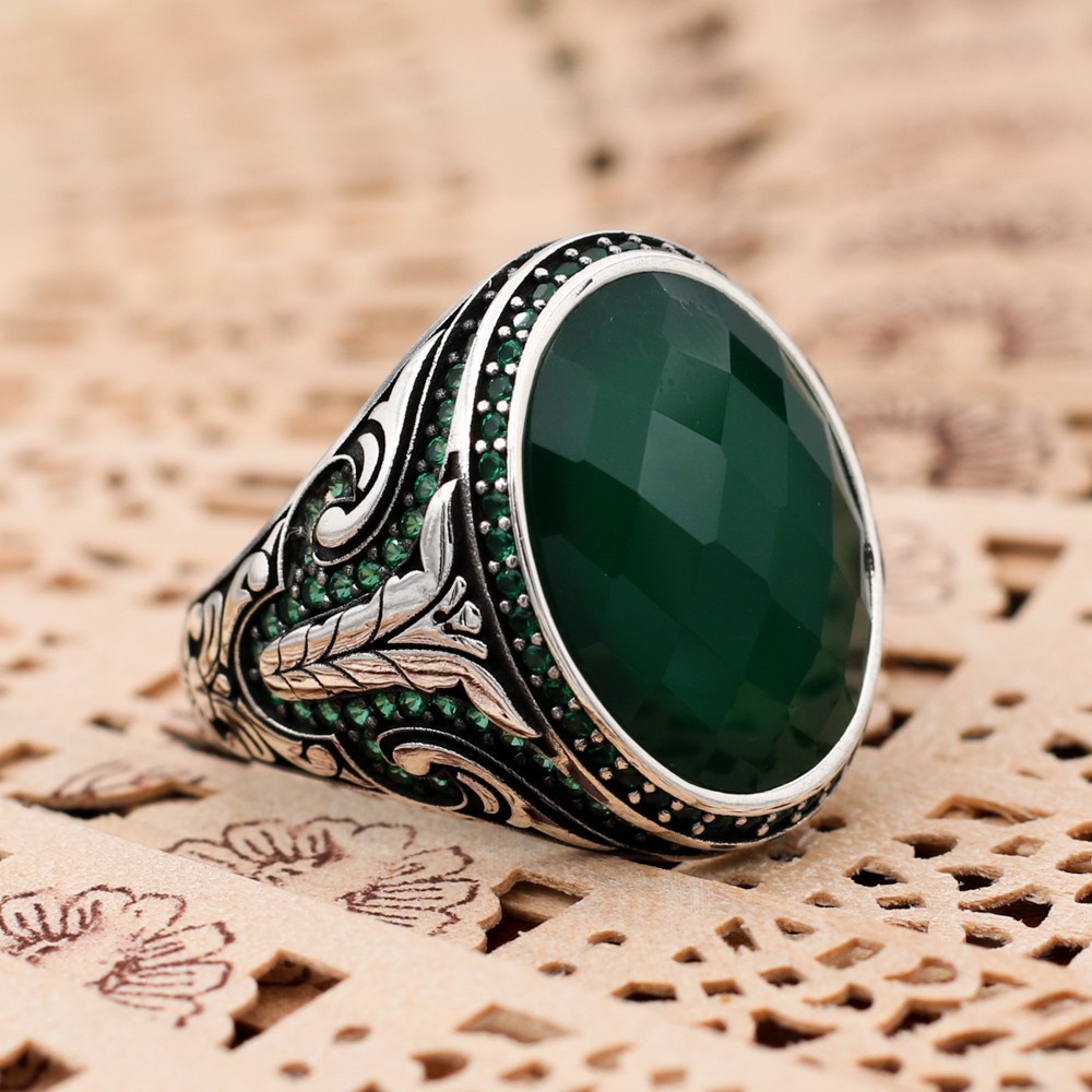925 Sterling Silver Oval Faceted Green Agate Stone Turkish Style Men's Ring