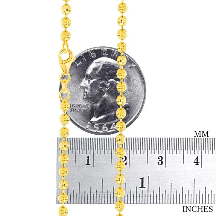 Womens 10K Yellow Gold Solid 3mm Diamond Moon Cut Bead Ball Chain Necklace 16"