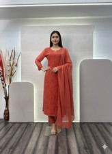Women Faux Georgette Embroidered Kurta Palazzo Dupatta Set Indian Ethnic Wear
