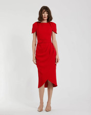 Mac Duggal Red Crepe Boat Neck Midi Tulip Dress With Belt US 6 $298