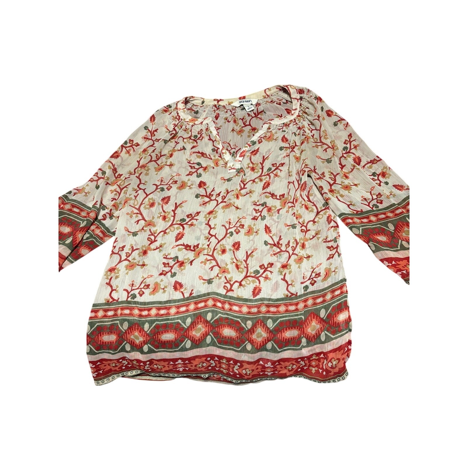 Old Navy Womens Peasant Blouse Ivory M Floral Border Print Boho 3/4 Sleeve