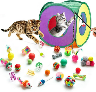 33 Pack Cat Toys for Indoor Cats, Collapsible Kitty Tunnel Tent with Feather Tea