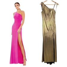 Mac Duggal NWT Metallic Jersey One Shoulder Draped Back Gown Size 2 Bronze Gold