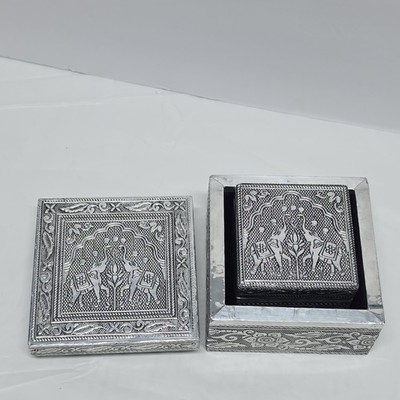 Vintage Elephants Embossed Aluminum Repousse Jewelry Trinket Box Set Of 2 Lined