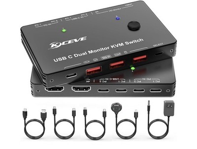KCEVE KVM Switch Dual Monitor USB C HDMI DP - 2 Computers - 4K@60Hz - Black