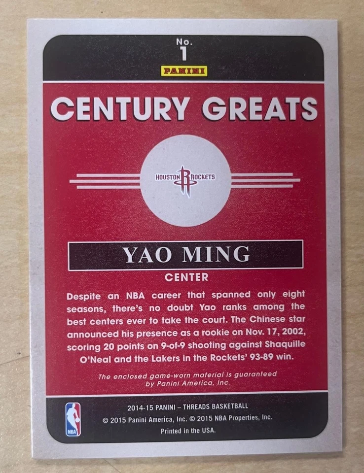 2014-15 Panini Threads Century Greats #1 Yao Ming Game Worn Jersey /199 Rockets - Image 2 of 2