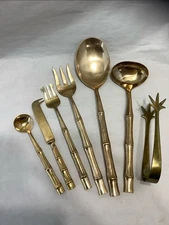 VINTAGE GOLD BAMBOO FLATWARE LOT 7 PIECE HOSTESS SERVING SET UNMARKED G10