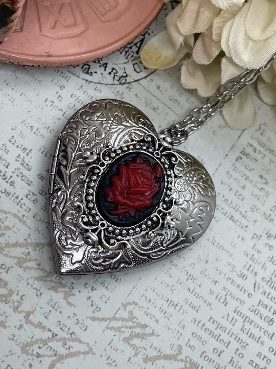 Heart Silver Black Red Locket Rose Gothic Necklace Photo Bride