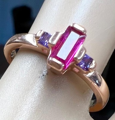 REAL Pink Tourmaline Amethyst 14K Gold on Solid 925 Minimalist Ring Size 7 1/4