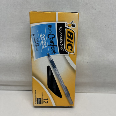 Bic Round Stic Grip Xtra Comfort Ballpoint Pen Black Ink 1.2mm Medium Dozen