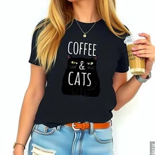 Black Cat Coffee T-Shirt for Cat Lovers - Cute Cartoon Design w -All-cotton