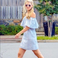 JCrew Womens Off the Shoulder Blue Stripe Swing Dress, Small