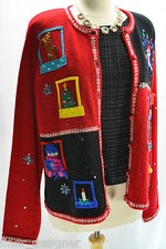VTG Karen scott Cardigan Ugly Chirstmas Embroidered Sequin Bead Trim Sweater XL