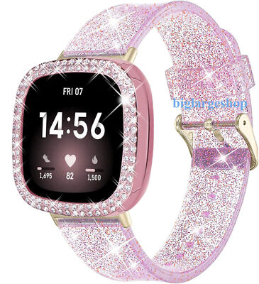 For Fitbit Sense/Versa 3 Bling Glitter Silicone Watch Band W/Frame Bumper Cover