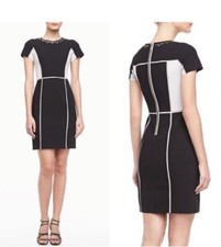 NWT Rebecca Taylor SS Blocked Colorblock Embellished Mini Black Cream Dress Sz 6