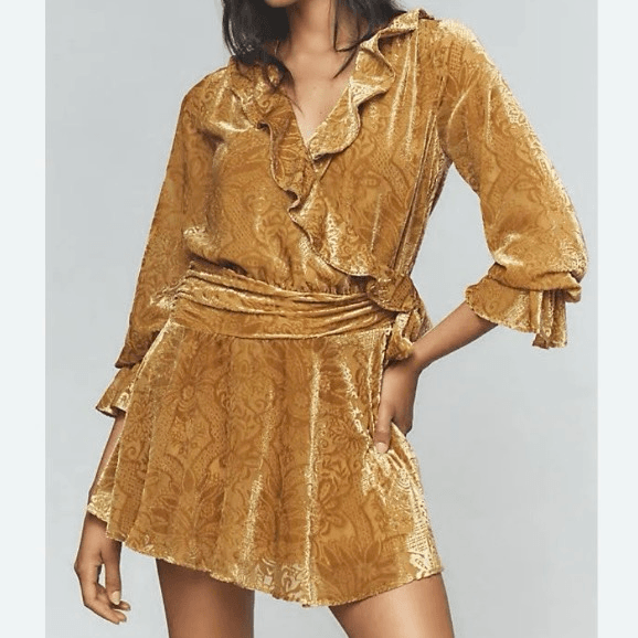 Anthropologie Gold Velvet Long Sleeve Ruffle Trim Mini Wrap Dress NWT Size  14 | eBay