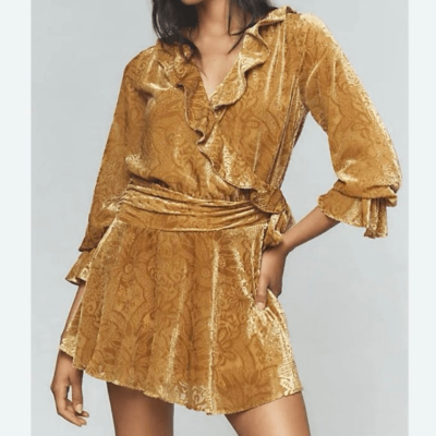 Anthropologie Gold Velvet Long Sleeve Ruffle Trim Mini Wrap Dress NWT Size  14 | eBay