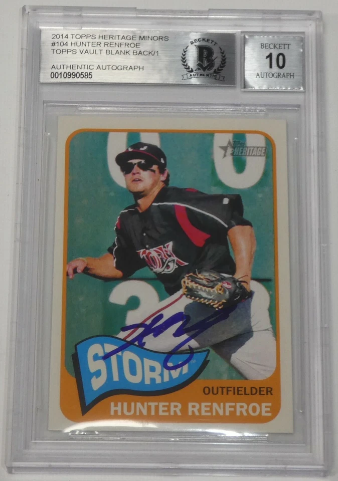 Tarjeta firmada por Hunter Renfroe 2014 Topps Vault Heritage reverso en blanco 1/1 certificado de autenticidad BAS automática Foto 2 de 4