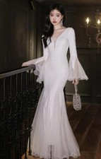 Gorgeous V Neck horn sleeve Shine Sequins Bodycon Fishtail Gown Evening Dresses