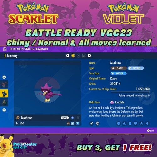 MURKROW⚡ POKEMON SCARLET VIOLET ⚡ SHINY/NORMAL ⚡ 6IV BATTLE READY VGC 23 ⚡