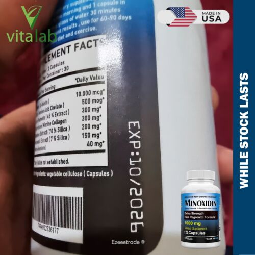 MINOXIDINA 1000mg Crecimiento del Cabello 120 Comprimidos Extra Fuerza Hombres Mujeres Recrecimiento EE. UU. - Imagen 11 de 21