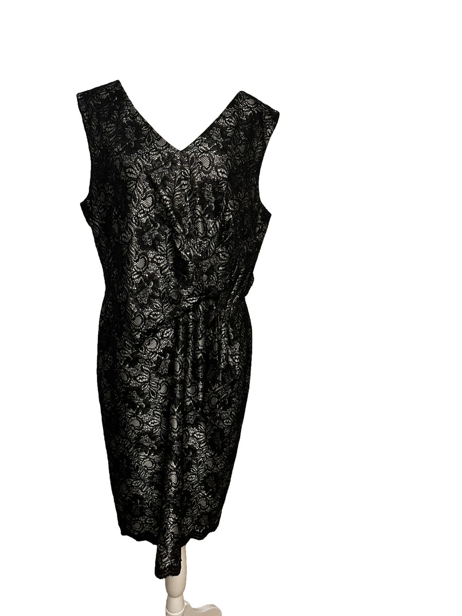 Tahari ASL Sheath Dress Size 14 Sleeveless Black Lace Overlay Silver Dressy