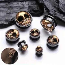 1Pair Skull Stainless Steel Ear Plugs Single Flare Tunnel Gauges Skeleton Design