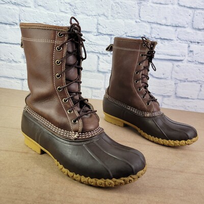 LL Bean Shearling Lined Brown Lace Up Duck Leather Boots Men's Size 8 M