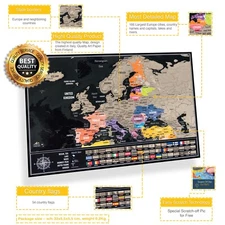 Scratch-Off Europe Map with Flags – Interactive Travel Journal and Stylish Wall