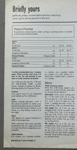 Vinage 1970s? PATONS Promise Skimpy CROCHET BIKINI & COVER UP Pattern - Picture 2 of 2