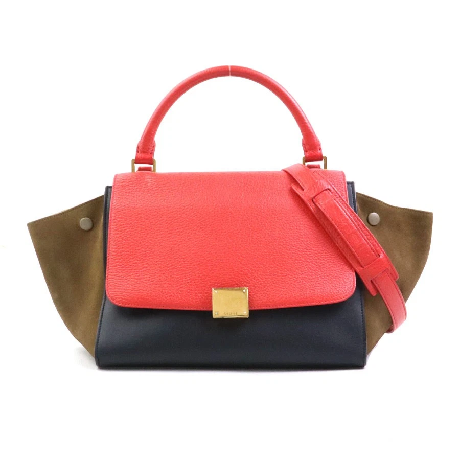 Celine — Auth CELINE Trapeze Handbag Shoulder Bag Red/Black/Khaki Leather/Suede - e60676a
