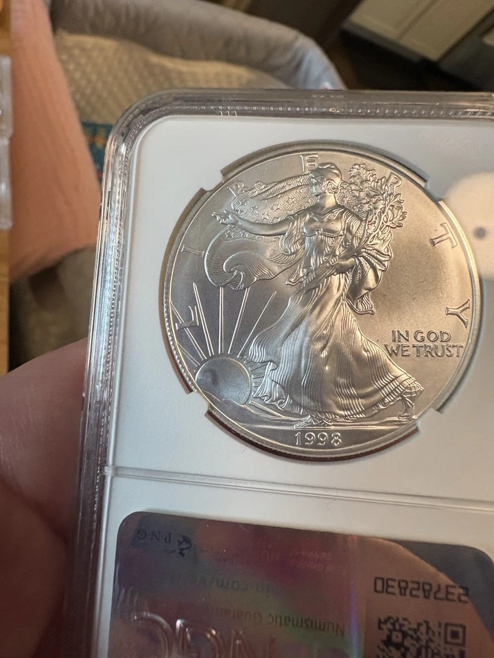 Reverse Struck Thru error 1998 Silver Eagle Mint Error Ms69 Ngc Rare, Beautiful  - Image 4 of 4