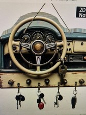 Vintage Car Steering Wheel Key Holder, 12X9 Inch Wall Organizer WITH 4 HOOKS