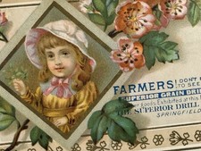 1885 Victorian Trade Card Superior Grain Drills Co. Girl In Pink Hat 3 1/2 X 5