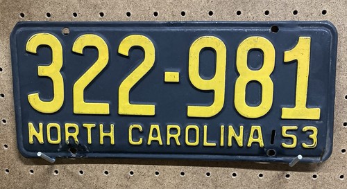 Vintage 1953 North Carolina License Plate Tag Original