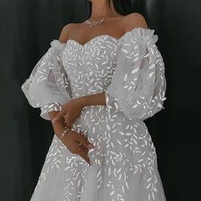 Puffy Sleeve A Line Pleated Bridal Gowns Appliques White Classic Wedding Dresses